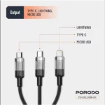 Câble tressé de charge rapide Porodo avec entrée Type-C transparent - 3en1 - universel - charge simultanée - 1m - 60W - PD-CBL0019-BK - Noir – Image 3