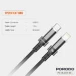Câble tressé de charge rapide et transfert données Porodo - Type-C vers Lightning transparent - 30W - 1,2m - PD-CBL0026-BK-L – Image 2