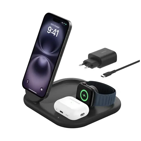 Station de charge pliable Belkin - 3en1 - 15W de recharge sans fil à partir de iPhone 12 - 5W pour Apple Watch - 5W pour AirPods - WIZ029MY_Noir