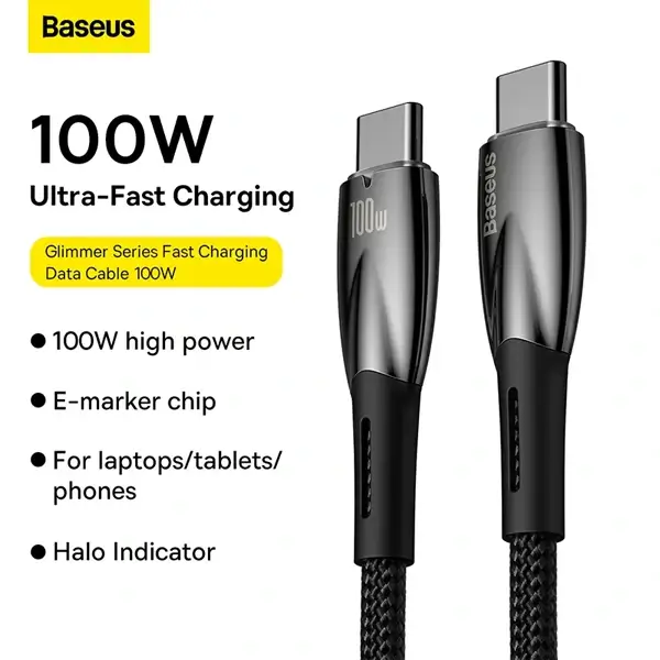 Câble de charge rapide et de transfert de données Baseus Glimmer – Type-C vers type-C – 1m – 100W - 480Mbps - CADH000703