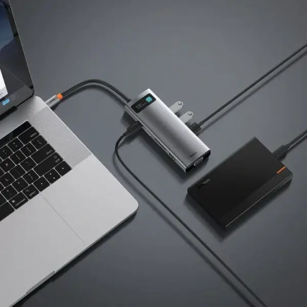CAHUB-CU0G 3 Station d’accueil multifonctions Baseus Metal Gleam - 9en1 -  Type-C - 100W - HDMI 4K - 3x USB 3.2 - RJ45 - Card SD - Card TF - VGA - 1Gbps – Gris - CAHUB-CU0G – Image 2
