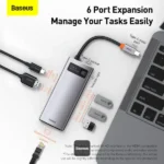 Station d’accueil multifonctions Baseus Metal Gleam - 6en1 -  Type-C - 100W - HDMI 4K - 3x USB 3.2 - RJ45 - 1Gbps – Gris - CAHUB-CW0G – Image 2