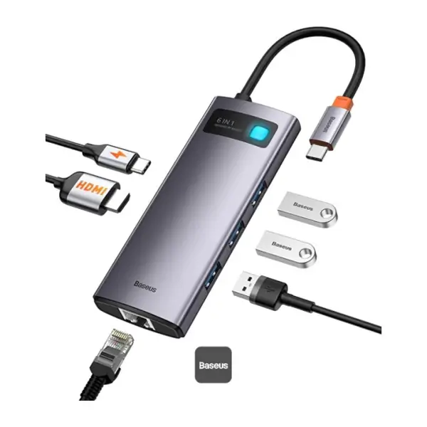 Station d’accueil multifonctions Baseus Metal Gleam - 6en1 -  Type-C - 100W - HDMI 4K - 3x USB 3.2 - RJ45 - 1Gbps – Gris - CAHUB-CW0G