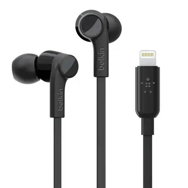 Ecouteur filaire Belkin avec connecteur Lightning - 1.2m - IPX5 - Embouts S,M,L - Fonction tactile pour appel et musique - Microphone intégré - G3H0001BT - Noir