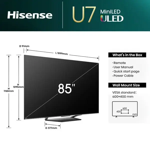 TV connectée mini led Hisense - 85'' - Apple mobile - Affichage DLED - Résolution ULTRA HD 4K - Rétroéclairage LED Mini-LED - Système VIDAA - Commande vocale - 85U7NAU