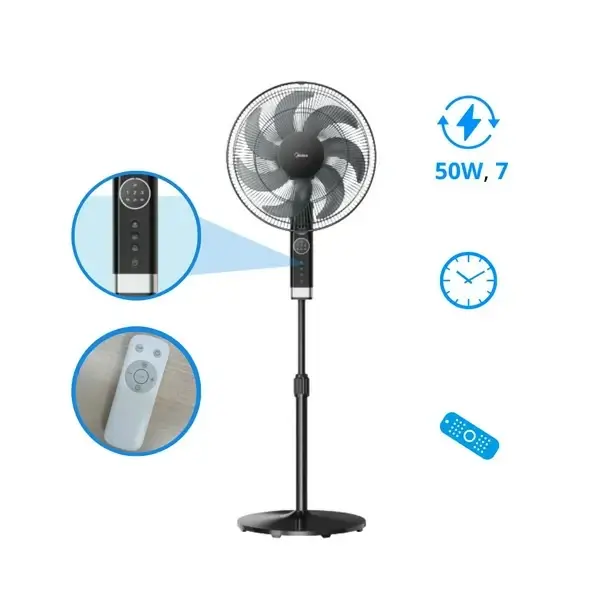 Ventilateur à pied avec télécommande Midea - 16" - 40W - Silencieux - 3 niveaux de vitesse - Rotation 80° - 7 hélices - FS40-23MR