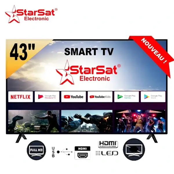 Smart TV Slim LED 43" - Starsat  - Wifi - Android 14 - Bluetooth -  Mira cast - HD-USB-HDMI-VGA - garantie 12 mois - ST43SMART