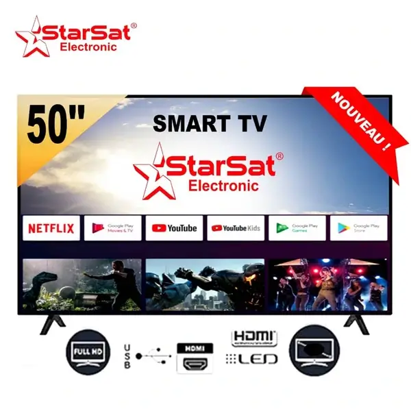Smart TV Slim LED 50" - StarSat - Sans cadre - 4K Ultra HD  - Wifi - Android 14 - Bluetooth - Mira cast - HD-USB-HDMI-VGA - Garantie 12 mois - ST50SMART