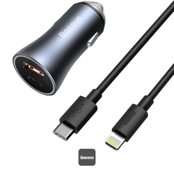 Chargeur de voiture rapide Baseus Golden Contactor Pro avec câble Lightning 1m intégré - 2 supports -  USB et type-C - 40W - Gris foncé - TZCCJD-B0G