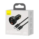 Chargeur de voiture rapide Baseus Superme Digital Display PPS avec câble type-c 1m intégré - 100W - 2 supports - USB et type-C - Noir - TZCCZX-01 – Image 3