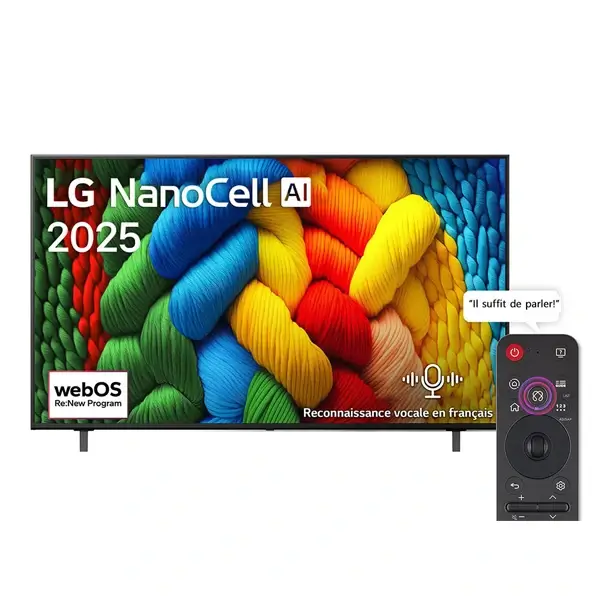 TV Smart NanoCell AI avec télécommande magique LG - 65" - Année 2025 - 4K OLED -  4K ULTRA HD - AI Sound Pro - Wifi - BT - Assistant Google - WebOS25 - Reconnaissance vocale - Processeur α9 Gen7 AI 4K - 65NANO80A6A