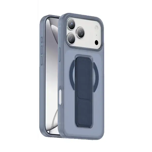 Coque de protection MagSafe avec support pliable pour iPhone 17 Pro Green Lion - Résistance aux chocs jusqu'à 3500g - Aimants puissants - Anti-rayures - Dragonne en cuir - Protection de l'appareil photo - Fonctions horizontales et verticales - Bleu titane - GNGRP17PBL