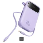 PowerBank à charge rapide Baseus QPow 2 - 10000mAh - 30W - 2 câbles Type-C intégrés - Indicateur LED numérique pour suivre le niveau de batterie - Violet - P10055008513-00