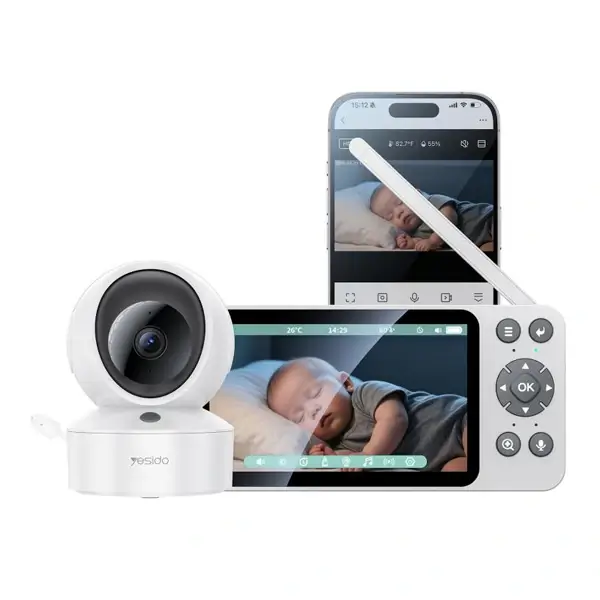 Interphone vidéo sans fil avec écran YESIDO - Écran LCD 5" - Batterie : 4000 mAh - Communication vocale - Réponse instantanée - Puissance du haut-parleur 1W - Réveil bidirectionnel - 4 sonneries de volume réglables - KM28