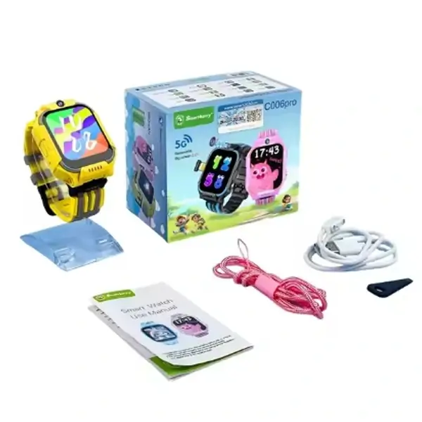 C006 Pro jaune_gris Montre connectée intelligente pour enfant Smart Barry – Écran 1,83″ – 4 à 5 jours d’autonomie – Appel Vidéo – SMS – GPS – 5G – SIM intégrée - Jaune/Gris - C006 Pro – Image 1
