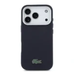 Coque de téléphone Lacoste pour iPhone 17 Pro – MagSafe – Étui en cuir enveloppant avec motif petit piqué – Protection des rayures et autres dommages – Navy - LCFCMP17LPLAV