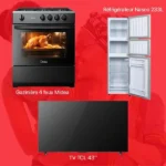 Fête des Mères Pack 2 – Gazinière 4 feux Midea – Réfrigérateur trois battants 233L Nasco  – TV TCL 43"