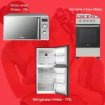 Fête des Mères Pack 5 – Micro-onde 25L Midea – Gazinière 4 feux Midea – Réfrigérateur 179L midea